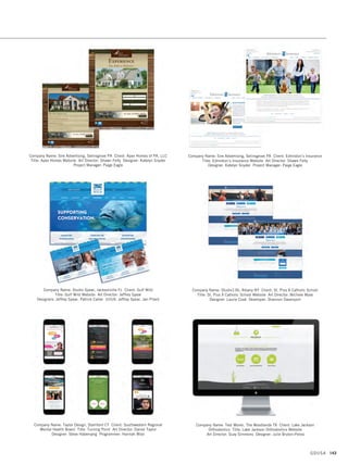 Company Name: LRDX, Firestone CO Client: Cadence  Cause Title: Cadence 
Cause Website Design Creative Director: Jamie Reedy Art Director: Chad Dickson
Copywriter: Jamie Reedy Production: Austin Power, Tyler Ladd Product Manager:
Andrew Straley Developers: Turpana Molina, Dan Alexander, Seth Musulin,
Lionel Ramos, Patrick Ortell, Kevin Wanek Chief Creative Officer: Kelly Reedy
Chief Digital Officer: John Gilbert Founders: Clayt
Company Name: Millennium Marketing Solutions, Annapolis Junction MD
Client: Ritter Companies Title: Ritter Website Design Art Director: Kevin Selekof
Company Name: Obey Not Creative Labs, Yonkers NY Client: Afya Foundation
Title: 10,000 Birth Kits to Ghana Art Director: Tracy Allan
Company Name: Merritt Group, McLean VA Client: Ionic Security
Title: Ionic eBook Art Director: Julia Sarver Designer: Kerianne Condon
Company Name: Nesnadny + Schwartz, Cleveland OH Client: Vassar College
Title: Vassar College 2014 Annual Report Website Art Director: Greg Oznowich
Designers: Shawn Beatty, Ryan Camp, Thao Thai Illustrator: Ryan Camp
Writer: Lance Ringel
Company Name: Paradigm Marketing and Design, Mount Tabor NJ
Client: Blue Bird Auto Rental Systems Title: Blue Bird Auto Rental
Website Design Art Director: Rachel Durkan Designer: Casey Masterson
GDUSA 141
12. internet design_17.1. Self Promo Impo 12/2/15 10:54 AM Page 141
 