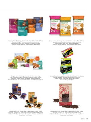 Company Name: Anne Ink, LLC, Bloomfield Hills MI Client: Germack Pistachio
Company Title: Castachio Nuts 3.5 oz Pouches - Four Flavors
Art Director: Anne Owsinek Brucker Designer: Wolfgang Brucker
Illustrator: Wolfgang Brucker Photographer: Wolfgang Brucker
Company Name: Anne Ink, LLC, Bloomfield Hills MI Client: Germack Pistachio
Company Title: Germack Frosty Nights - Mini Jar Art Director: Anne Owsinek
Brucker Designer: Wolfgang Brucker Illustrator: Wolfgang Brucker
Photographer: Anne Owsinek Brucker
Company Name: BAKER Brand Design, Minneapolis MN Client: BAUER
Title: BAUER Street Hockey Packaging Art Director: Doug Shoemaker
Designer: Mike Tophen Illustrator: Mike Tophen Photographer: Doug Shoemaker
Company Name: Anne Ink, LLC, Bloomfield Hills MI Client: Germack Pistachio
Company Title: Germack Spring Meadow Trio - Mini Jars
Art Director: Anne Owsinek Brucker Designer: Wolfgang Brucker
Illustrator: Wolfgang Brucker Photographer: Anne Owsinek Brucker
Company Name: BAKER Brand Design, Minneapolis MN Client: Sun Corporation
Title: All Radiant Laundry Detergent Branding Art Director: Doug Shoemaker
Designer: Bryan Entzel Illustrator: Bryan Entzel
Company Name: BAKER Brand Design, Minneapolis MN Client: Arthur Shuman Inc.
Title: Cello Organic Cheese Packaging and Branding Art Director: Dana Mason
Designer: Steve Whalin Photographer: Steve Whalin
GDUSA 147
13. packaging_17.1. Self Promo Impo 12/2/15 11:05 AM Page 147
 