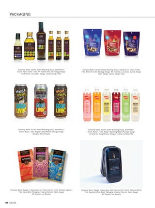 156 GDUSA
Company Name: Dot Matrix Design Group, Florham Park NJ Client: Fruit Spotz
Title: Fruit Spotz Branding  Packaging Designer: Jennifer Greenfield
Founders: Brian Demeduk, Nadeem Zaidi
Company Name: Dot Matrix Design Group, Florham Park NJ Client: Landau
Title: Landau Protein Bars Designer: Bill Read
Founders: Brian Demeduk, Nadeem Zaidi
Company Name: Flood Creative, Irvington NY Client: Five Star Foodies
Title: Foodies Packaging Art Director: Paula Grant Designer: Laurel Gillispie
Photographer: Donna Aristo
Company Name: Dot Matrix Design Group, Florham Park NJ Client: Kaf Grooming
Title: Kaf Grooming Branding  Packaging Designer: Brian Demeduk
Founders: Brian Demeduk, Nadeem Zaidi
Company Name: ET Brand Design, Franklin WI Client: Hottie Bottie, LLC
Title: HB Premium Tanning Lotions Packaging Art Director: Eric Timm
Designer: Eric Timm
Company Name: Flood Creative, Irvington NY Client: Taylor Baby LLC
Title: Neat Cheeks Packaging Art Director: Stuart Whitworth
Designer: Melissa Piombo Illustrator: Melissa Piombo
PACKAGING
13. packaging_17.1. Self Promo Impo 12/2/15 11:15 AM Page 156
 