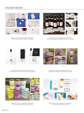 202 GDUSA
Design School: PrattMWP College of Art and Design, Utica NY
Title: Metapothecary Branding and Package Design Designer: Tyler Chisenhall
Professor: Cindiana Buckley Koren
Design School: School of Advertising Art, Kettering OH
Title: Veteran Vintage Branding Designer: Mark Wilson
Design School: School of Advertising Art, Kettering OH
Title: Oktoberfest Branding Designer: Liz Anderson
Design School: PrattMWP College of Art and Design, Utica NY
Title: Temporary Typographic Design Designer: Ophelia Sniffen
Professor: Cindiana Buckley Koren
Design School: School of Advertising Art, Kettering OH
Title: Coachella Event Poster Designer: Liz Anderson
Design School: School of Advertising Art, Kettering OH
Title: The Great Gatsby Limited Edition Packaging Designer: Julia Andres
STUDENT DESIGN
19. students_17.1. Self Promo Impo 12/2/15 11:45 AM Page 202
 