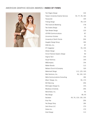Stephen B. Starr Design 47, 86
Stevenson University/School of
Graduate and Professional Studies 182
Straight Face Partners 54
Strategia Design 168
Streetsense 54, 75, 111, 115, 128, 177
Studio136 128, 143
Studio 357 182
Studio of KUNG PIK LIU 47, 75, 102, 132
Studio Spear 143, 168
Symbiotic Solutions 193
Synergy Enterprises, Inc. 86, 111, 193
Taylor Design 102, 143
Taylor Ackerman 193
Tea Collection 80
Team Detroit 183, 187, 193
Ted Stoik / Woz Design / Hartford Design 48
Temple University School of Media  Communication 54
Tenex Corporation 194
Test Monki 75, 76, 86, 143, 168
TFI Envision, Inc. 48, 54, 59, 86, 128, 144, 177, 178, 187
Thanasi Foods 168
The Creative Pack 168
The Designers 80
The Formation Creative Consultants Europe Ltd. 128, 144, 183
The Junior League 90
The JVP Group 128
The Merz Group 87, 144
The Ofﬁcial Ofﬁce Of 76, 112, 129
The Parks Group 90
The Whole Package 183
ThinkDesign Group 76
Three Dogs Design Studio 188
Titanium Design Studio/Urban Infant 168
Tminus1 Creative 76
Tobi Designs 48
AMERICAN GRAPHIC DESIGN AWARDS | INDEX OF FIRMS
2015 intro/index_Layout 1 12/2/15 3:14 PM Page 36
 
