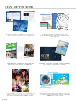 40 GDUSA
Company Name: Advanced Energy Economy, San Francisco CA
Title: Advanced Energy Now 2015 Market Report Art Director: Holden Hardcastle
Company Name: Ciel Design Partners LLC, Royal Oak MI Client: Wolverine World
Wide, Inc. Title: 2014 Annual Report Designer: Yuki Shichi Head of Corporate
Strategy, Investor Relations and Communications: Christopher Hufnagel
Design Firm: 2k Design, Clifton Park NY Title: 2013-2014 President’s Report
Client: Union College Art Director: Kris Fitzgerald Designer: Kris Fitzgerald
Company Name: Anne Ink, LLC, Bloomfield Hills MI Client: Catholic Central High
School Title: 2013-2014 Annual Donor Report Art Director: Anne Owsinek
Brucker Designer: Wolfgang Brucker Photographer: Scott Confer,
Catholic Central High School
Company Name: Citi, New York NY Title: Citi 2014 Annual Report
Art Director: Melita Sussman Designers: Michael Edwards, Carla Magazino
Photographers: Cover Photograph, Day to Night® Shanghai,
China 2012 © Stephen Wilkes, Courtesy of Peter Fetterman Gallery
ANNUAL +
CORPORATE
REPORTS
01. annual reports_17.1. Self Promo Impo 12/2/15 9:22 AM Page 40
 