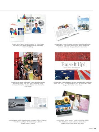 Company Name: Curran  Connors, Hauppauge NY Client: Artisan Partners Asset
Management Title: 2014 Summary Annual Report Creative: Justin Barker
Company Name: Curran  Connors, Hauppauge NY Client: United States Olympic
Committee Title: 2014 Annual Report Creative: John Einemann, Criz Malonzo
Company Name: Curran  Connors, Hauppauge NY Client: Winthrop-University
Hospital Title: Elevating Patient Care Creative: Brian Hannon, Megan Lukas
Company Name: Curran  Connors, Hauppauge NY Client: Sunstone Hotel
Investors Title: 2014 Annual Report Creative: Justin Barker
Company Name: Curran  Connors, Hauppauge NY Client: International Paper
Title: 2014 Annual Report Creative: Chez Sienkiewich, Criz Malonzo
Company Name: Curran  Connors, Hauppauge NY Client: ManpowerGroup
Title: Accelerating Performance: 2014 Annual Report Creative: Erin Ventura
GDUSA 41
01. annual reports_17.1. Self Promo Impo 12/2/15 9:22 AM Page 41
 