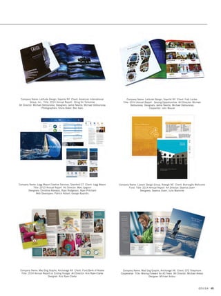 Company Name: Franke+Fiorella, Minneapolis MN Client: Valspar
Title: Valspar 2014 Annual Report Art Director: Craig Franke
Designer: Todd Monge
Company Name: Fuszion, Alexandria VA Client: Georgetown Business
Improvement District Title: 2015 State of Georgetown Report
Art Director: Rick Heffner Designers: Rebekah Disch, Rick Heffner
Printer: Mosaic
Company Name: Georgia System Operations Corporation (GASOC), Tucker GA
Title: 2014 Annual Report Art Director: Joseph L. Edwards
Designer: Joseph L. Edwards
Company Name: Franklin Templeton Investments-Global Creative Services,
San Mateo CA Title: Franklin Resources, Inc., Annual Report 2014
Art Director: Clifford Ng Designers: Sylvia Lin, Steve Batliner
Company Name: Fuszion, Alexandria VA Client: National Museum of American
History Title: Raise It Up! Highlights Report 2014 Art Director: Rick Heffner
Designer: Rick Heffner Printer: Mosaic
Company Name: Gerard, Warren IL Client: Illinois Health Partners
Title: 2014 Annual Report Art Director: Christina Steva
Designer: Christina Steva Writer: Laura Patten
GDUSA 43
01. annual reports_17.1. Self Promo Impo 12/2/15 9:23 AM Page 43
 