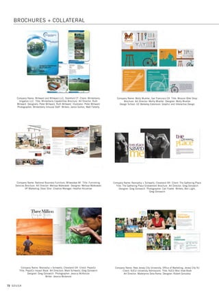 70 GDUSA
Company Name: Liaison Design Group, Raleigh NC Client: Electricities and Town
of Farmville NC Title: Farmville Overview Brochure Art Director: Seamus Duerr
Designer: Kristina Fick Copywriter: Jeff Denny
Company Name: Liaison Design Group, Raleigh NC Client: City of Durham NC
and GBW Strategies Title: South Side Durham Brochure
Art Director: Seamus Duerr Designer: Julie Mainville
Company Name: Lisa Cain Design, Glenwood IL Client: American Health
Information Management Association Title: Foundation Brochure
Art Director: Lisa Cain Designer: Lisa Cain
Company Name: Liaison Design Group, Raleigh NC Client: Town of Garner NC
Title: Garner Lifestyle Brochure Art Director: Seamus Duerr
Designer: Julie Mainville Copywriter: Jeff Denny
Company Name: Liaison Design Group, Raleigh NC Client: Wake County
Economic Development Title: Analytics Industry Brochure Art Director:
Seamus Duerr Designer: Kristina Fick Copywriter: Jeff Denny
Company Name: Loudoun County Department of Economic Development,
Leesburg VA Title: Loudoun: D.C.’s Wine and Beer County Handout Designer:
Amy Mugford Photographer: Kona Gallagher Copywriter: Lois Kirkpatrick
BROCHURES + COLLATERAL
04. brochures_17.1. Self Promo Impo 12/2/15 9:37 AM Page 70
 