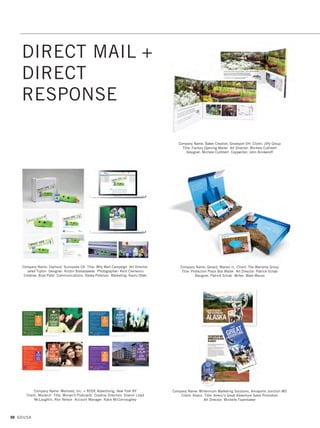 92 GDUSA
Company Name: Conair Corporation, Stamford CT Client: Cuisinart
Title: The Cookbook, A Collection of the Best Recipes from Cuisinart
Art Director: Melissa Abbazia Designer: Alexandra Weber
Company Name: Coyne PR, Parsippany NJ Title: Coyne PR Sports Capabilities
Book Art Director: Paul Zakrzewski Designer: Tiffani Rottner
Company Name: Dammsavage Studio, Brooklyn NY Client: Daylight Books
Title: Art Desks Art Director: Ursula Damm Designer: Ursula Damm
Artist: E. Brady Robinson
Company Name: Coyne PR, Parsippany NJ Title: Coyne Collection
Art Director: Peter Coyne Designer: Tiffani Rottner
Directors of Content: Shana Reyes, Colleen Gormely
Company Name: Dammsavage Studio, Brooklyn NY Client: Daylight Books
Title: Cowgirl Art Director: Ursula Damm Designer: Ursula Damm
Artist: Nancy Davidson
Company Name: Gill Fishman Associates, Cambridge MA Client: University of
Massachusetts, Boston Title: UMass Boston at 50 Commemorative Book
Designer: Michael Persons Writer: Michael Feldberg Printer: Kirckwood Printing
BOOKS
09. editorial design_17.1. Self Promo Impo 12/2/15 10:02 AM Page 92
 
