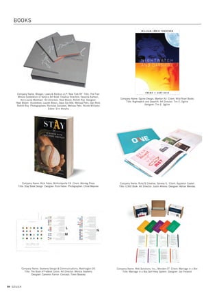 Company Name: Hornall Anderson, Seattle WA Client: Seattle Public Library
Title: We Are An Open Book Creative Director: Michael Connors
Design Director: Jana Nishi Designers: Leo Raymundo, Caitlin Field, Katie Lee
Illustrators: Rob Zweibel, Bruce Stigler Copywriter: Shirley Hendrickson
Strategist: Jay Picard Account Director: April Melchiode
Production: Judy Dixon, Jonas Land, Rachel Sparrow
Company Name: John McNeil Studio, Firestone CO Client: Katy Grannan/Fraenkel
Gallery/Salon 94 Title: The Nine/The Ninety Nine Art Director: Kim Le Liboux
Artist: Katy Grannan Producer: J Walton Printer: Sprinkel Media Network
Company Name: Lippincott, New York NY Client: Hyatt Centric Title: Creating A
New Hotel Brand For The Modern Explorer Art Directors: Su Mathews Hale,
Randall Stone Designers: Alissa Tribelli, Aline Kim, James Yamada, Angela Ko,
Nijel Taylor, Matthew Brownell Photographers: Lippincott, Hyatt Centric
Production: Jeremy Darty
Company Name: Incite Creative, Akron OH Client: Muddy Puppy Media
Title: The Tanglewood Picnic Book Art Director: Christopher Hixson
Designer: Christopher Hixson
Company Name: Joseph Caserto Art Direction + Design, Brooklyn NY
Title: ADIM15: Designing Shakespeare Art Director: Joseph Caserto Designer:
Joseph Caserto Illustrator: Joseph Caserto Photo of Cover: Sean Teegarden
Company Name: Moody Nolan, Graphic Design Department, Columbus OH
Client: Moody Nolan and The Connor Group Title: The Connor Group Headquarters
Book Designers: Alan Gustafson, Alyssa Louderback, Sarah Sexton
Photographer: Brad Feinknopf
GDUSA 93
09. editorial design_17.1. Self Promo Impo 12/2/15 10:03 AM Page 93
 