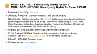Copyright © 2020 Ivanti. All rights reserved.
MS20-12-SO7-ESU: Security-only Update for Win 7
MS20-12-SO2K8R2-ESU: Security-only Update for Server 2008 R2
 Maximum Severity: Important
 Affected Products: Microsoft Windows 7 and Server 2008 R2
 Description: Bulletin is based on KB 4592503. Addresses a security vulnerability by
preventing applications that run as a SYSTEM account from printing to "FILE:" ports.
Security updates to Windows Graphics, Windows Peripherals, Windows Storage and
Filesystems, and Windows File Server and Clustering.
 Impact: Spoofing, Elevation of Privilege and Information Disclosure
 Fixes 9 Vulnerabilities: No vulnerabilities are publicly disclosed or known
exploited. See the Security Update Guide for the complete list of CVEs.
 Restart Required: Requires restart
 Known Issues: [File Rename]
 