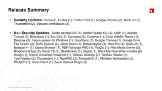Copyright © 2020 Ivanti. All rights reserved.Copyright © 2020 Ivanti. All rights reserved.
Release Summary
 Security Updates: iTunes(1), Firefox (1), Firefox ESR (1), Google Chrome (2), Node.JD (3),
Thunderbird (2), VMware Workstation (2)
 Non-Security Updates: Adobe Acrobat DC (1), Adobe Reader DC (1), AIMP (1), Apache
Tomcat (3), BlueJeans (1), Box Edit (1), Camtasia (2), Ccleaner (1), Cisco WebEx Teams (1),
Dropbox (2), Falcon sensor for Windows (1), GoodSync (7), Google Chrome (1), Google Drive
File Stream (2), GoTo Opener (2), Jabra Direct (1), Malwarebytes (2), Nitro Pro (2), Node.JS (3),
Notepad++ (1), Opera Browser (7), PDF-Xchange PRO (1), PeaZip (1), Plex Media Server (2),
RingCentral App (3), Royal TS (1), SeaMonkey (1), Skype (1), Slack Machine-Wide Installer (6),
Snagit (1), Splunk Universal Forwarder (1), Tableau Desktop (7), Tableau Reader (1),
TeamViewer (2), Thunderbird (1), TightVNC (2), TortoiseHG (1), VMWare Workstation (2),
WinSCP (1), Zoom Client (1), Zoom Outlook Plugin (2)
 