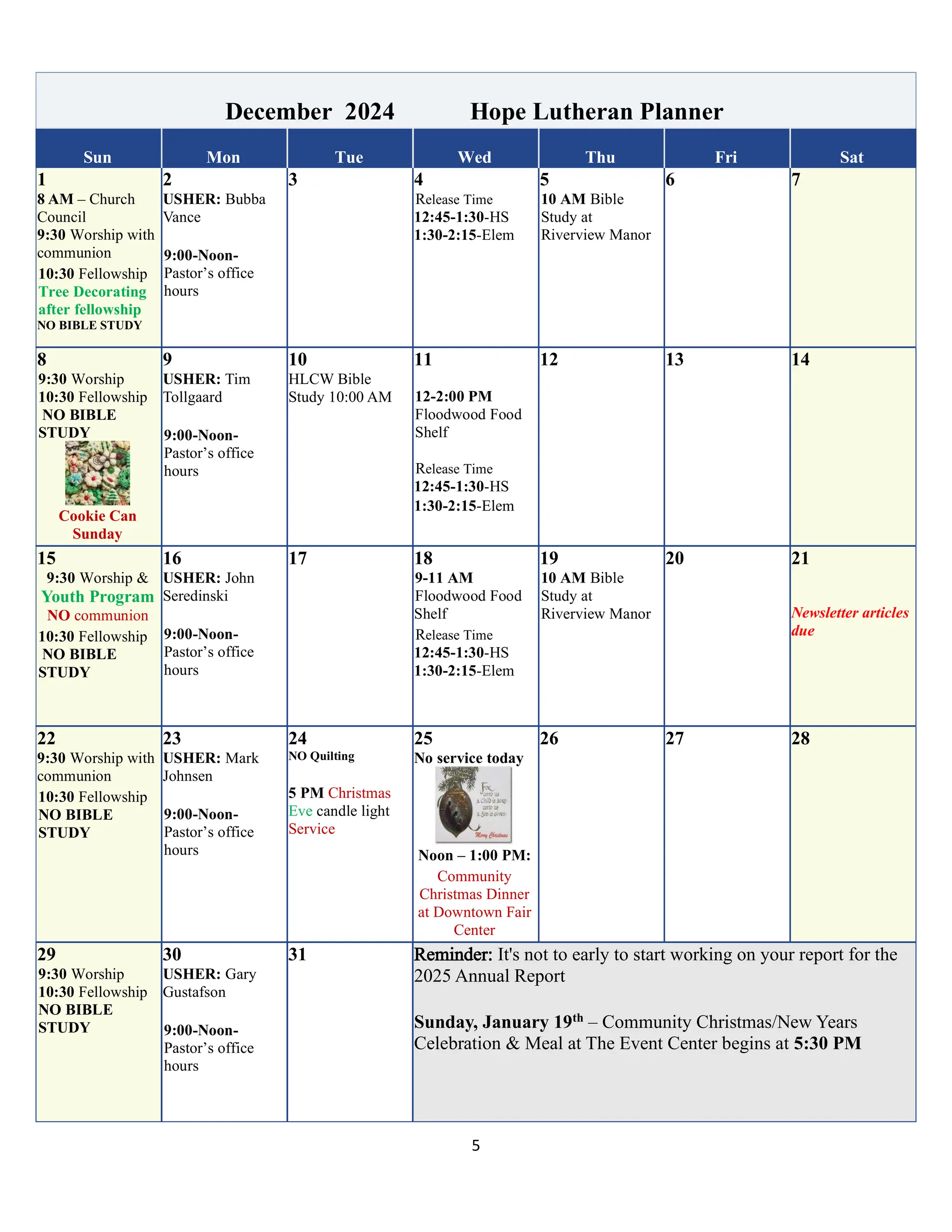 Hope Lutheran December 2024 Calendar of Events PDF Free Download