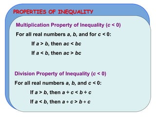 PROPERTIES OF INEQUALITY
Multiplication Property of Inequality (c < 0)
For all real numbers a, b, and for c < 0:
If a > b, then ac < bc
If a < b, then ac > bc
Division Property of Inequality (c < 0)
For all real numbers a, b, and c < 0:
If a > b, then a ÷ c < b ÷ c
If a < b, then a ÷ c > b ÷ c
 