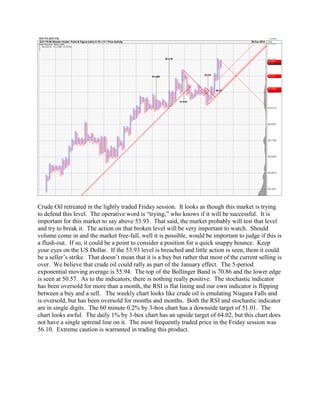 Crude Oil retreated in the lightly traded Friday session. It looks as though this market is trying
to defend this level. The operative word is “trying,” who knows if it will be successful. It is
important for this market to say above 53.93. That said, the market probably will test that level
and try to break it. The action on that broken level will be very important to watch. Should
volume come in and the market free-fall, well it is possible, would be important to judge if this is
a flush-out. If so, it could be a point to consider a position for a quick snappy bounce. Keep
your eyes on the US Dollar. If the 53.93 level is breached and little action is seen, them it could
be a seller’s strike. That doesn’t mean that it is a buy but rather that most of the current selling is
over. We believe that crude oil could rally as part of the January effect. The 5-period
exponential moving average is 55.94. The top of the Bollinger Band is 70.86 and the lower edge
is seen at 50.57. As to the indicators, there is nothing really positive. The stochastic indicator
has been oversold for more than a month, the RSI is flat lining and our own indicator is flipping
between a buy and a sell. The weekly chart looks like crude oil is emulating Niagara Falls and
is oversold, but has been oversold for months and months. Both the RSI and stochastic indicator
are in single digits. The 60 minute 0.2% by 3-box chart has a downside target of 51.01. The
chart looks awful. The daily 1% by 3-box chart has an upside target of 64.02, but this chart does
not have a single uptrend line on it. The most frequently traded price in the Friday session was
56.10. Extreme caution is warranted in trading this product.
 