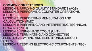 COMMON COMPETENCIES
LESSON 1: APPLYING QUALITY STANDARDS (AQS)
LESSON 2: PERFORMING COMPUTER OPERATIONS
(PCO)
LESSON 3: PERFORMING MENSURATION AND
CALCULATION (PMC)
LESSON 4: PREPARING AND INTERPRETING TECHNICAL
DRAWING (PITD)
LESSON 5: USING HAND TOOLS (UHT)
LESSON 6: TERMINATING AND CONNECTING
ELECTRICAL WIRING AND ELECTRONICS CIRCUIT
(TCEW)
LESSON 7: TESTING ELECTRONIC COMPONENTS (TEC)
 