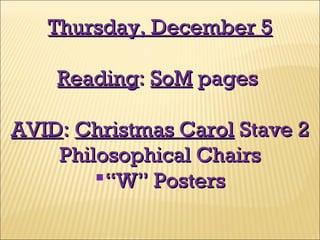 Thursday, December 5
Reading: SoM pages
AVID: Christmas Carol Stave 2
Philosophical Chairs
“W” Posters

 