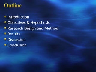 Introduction
Objectives & Hypothesis
Research Design and Method
Results
Discussion
Conclusion
 