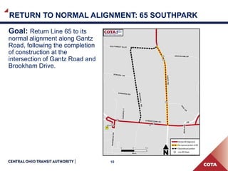10
Goal: Return Line 65 to its
normal alignment along Gantz
Road, following the completion
of construction at the
intersection of Gantz Road and
Brookham Drive.
RETURN TO NORMAL ALIGNMENT: 65 SOUTHPARK
 