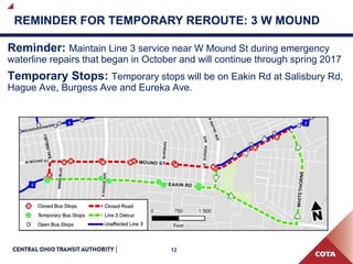 12
REMINDER FOR TEMPORARY REROUTE: 3 W MOUND
Reminder: Maintain Line 3 service near W Mound St during emergency
waterline repairs that began in October and will continue through spring 2017
Temporary Stops: Temporary stops will be on Eakin Rd at Salisbury Rd,
Hague Ave, Burgess Ave and Eureka Ave.
 