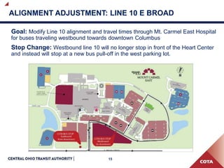 15
ALIGNMENT ADJUSTMENT: LINE 10 E BROAD
Goal: Modify Line 10 alignment and travel times through Mt. Carmel East Hospital
for buses traveling westbound towards downtown Columbus
Stop Change: Westbound line 10 will no longer stop in front of the Heart Center
and instead will stop at a new bus pull-off in the west parking lot.
 