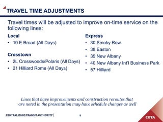 6
TRAVEL TIME ADJUSTMENTS
Travel times will be adjusted to improve on-time service on the
following lines:
Local
• 10 E Broad (All Days)
Crosstown
• 2L Crosswoods/Polaris (All Days)
• 21 Hilliard Rome (All Days)
Express
• 30 Smoky Row
• 38 Easton
• 39 New Albany
• 40 New Albany Int’l Business Park
• 57 Hilliard
Lines that have improvements and construction reroutes that
are noted in the presentation may have schedule changes as well
 