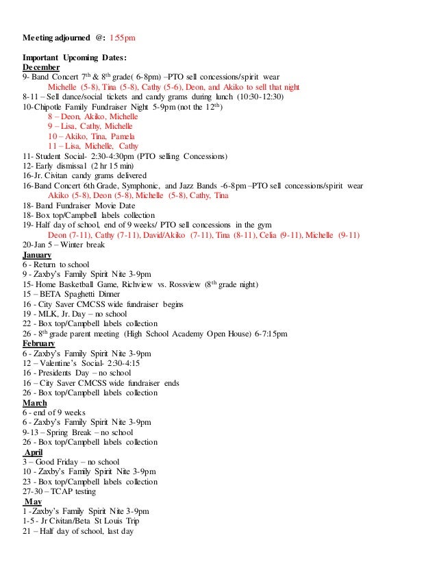 december 9 2014 pto agenda and minutes pto meeting agenda sample