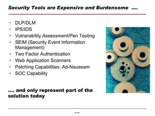 Security Tools are Expensive and Burdensome  …. DLP/DLM IPS/IDS Vulnerability Assessment/Pen Testing SEIM ( Security Event Information Management) Two Factor Authentication Web Application Scanners Patching Capabilities, Ad-Nauseam SOC Capability … . and only represent part of the solution today 