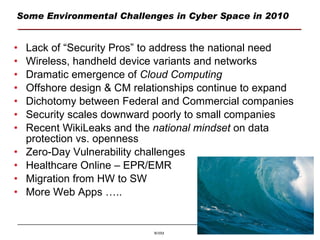 Some Environmental Challenges in Cyber Space in 2010 Lack of “Security Pros” to address the national need Wireless, handheld device variants and networks Dramatic emergence of  Cloud Computing Offshore design & CM relationships continue to expand Dichotomy between Federal and Commercial companies Security scales downward poorly to small companies Recent WikiLeaks and the  national mindset  on data protection vs. openness Zero-Day Vulnerability challenges Healthcare Online – EPR/EMR Migration from HW to SW More Web Apps ….. 
