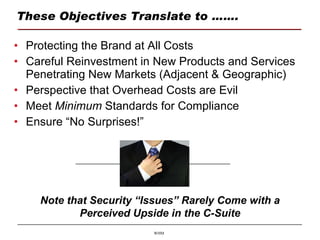 These Objectives Translate to ……. Protecting the Brand at All Costs Careful Reinvestment in New Products and Services Penetrating New Markets (Adjacent & Geographic) Perspective that Overhead Costs are Evil Meet  Minimum  Standards for Compliance Ensure “No Surprises!” Note that Security “Issues” Rarely Come with a Perceived Upside in the C-Suite 