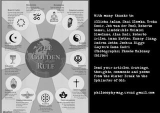 With many thanks to:

Allisha Azlan, Shai Slomka, Urska
Kosir, Job van der Poel, Roberto
Ganau, Lindokuhle Msimisi
Simelane, Alaa Badr, Roberto
Drilea, Anna Hotter, Nancy Jiang,
Andrea Dotto, Joshua Biggs
(Layout) Sana Kadri
(Photographs), Phoebe Maloney
(Editor)



Send your articles, drawings,
thoughts, comments and poems
from the Winter Break to the
Sphincter of Odd:



philosophymag.uwcad@gmail.com
 