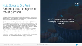 C o p y r i g h t © 2 0 1 9 M i n t e c L i m i t e d 17M I N T E C G L O B A L . C O M
Nuts, Seeds & Dry Fruit:
Almond prices strengthen on
robust demand
The Mintec price of Californian almonds continues strengthening, rising 5% m-o-
m and 10% since a dip in September when markets slid on optimism over larger-
than-expected production in California in 2019/20.
Since September, prices have been firming up, driven by robust global demand.
The latest position report for October from the Almond Board of California shows
almond year-to-date shipment up 7% y-o-y, with export demand growing by 12%
y-o-y. Shipments to the domestic US market have declined by 3% y-o-y. October
shipments reached 265.5 million pounds, a record figure for this time of the year,
with a large volume of shipments also expected for November.
The crop receipts to date are 2% ahead of the last year at 1.59bn pounds. This
year has seen geographical variations in yields across California, with December
and January position reports probably providing a better picture on the size of
this year’s crop.
However, the production in California is still anticipated to exceed USDA’s official
estimate of 2.2bn pounds and settle between 2.3 and 2.4bn pounds.
Since September, prices have been
firming up, driven by robust global
demand.
 