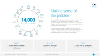C o p y r i g h t © 2 0 1 9 M i n t e c L i m i t e d 7M I N T E C G L O B A L . C O M
Making sense of
the problem
Food supply from production and distribution to food service
and retail – the world in which you operate - is volatile,
uncertain, complex, and ambiguous. The nature and speed of
change means that your environment is unpredictable putting
constant pressure on margins.
The increasing complexity of supply chains, the choice of
suppliers and the range of new food products means that the
issues your organization faces can easily lead to confusion
and operational errors that threaten your success.
14,000P R I C E S E R I E S
GLOBAL ANALYSIS LEADERS
Serving the biggest global brands for
over 30 years
A COMPLETE SOLUTION
Data, analysis & Insight
A TOTAL VIEW OF THE MARKET
Independent, expert & integrated
W H O W H AT W H Y
 