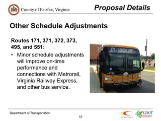 County of Fairfax, Virginia
Other Schedule Adjustments
Routes 171, 371, 372, 373,
495, and 551:
• Minor schedule adjustments
will improve on-time
performance and
connections with Metrorail,
Virginia Railway Express,
and other bus service.
Department of Transportation
10
Proposal Details
 