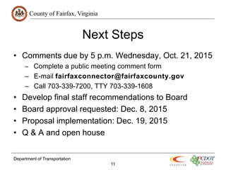 County of Fairfax, Virginia
Department of Transportation
11
Next Steps
• Comments due by 5 p.m. Wednesday, Oct. 21, 2015
– Complete a public meeting comment form
– E-mail fairfaxconnector@fairfaxcounty.gov
– Call 703-339-7200, TTY 703-339-1608
• Develop final staff recommendations to Board
• Board approval requested: Dec. 8, 2015
• Proposal implementation: Dec. 19, 2015
• Q & A and open house
 