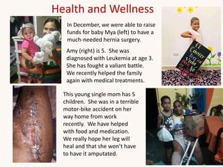 Health and Wellness
In December, we were able to raise
funds for baby Mya (left) to have a
much-needed hernia surgery.
Amy (right) is 5. She was
diagnosed with Leukemia at age 3.
She has fought a valiant battle.
We recently helped the family
again with medical treatments.
This young single mom has 5
children. She was in a terrible
motor-bike accident on her
way home from work
recently. We have helped
with food and medication.
We really hope her leg will
heal and that she won’t have
to have it amputated.
 