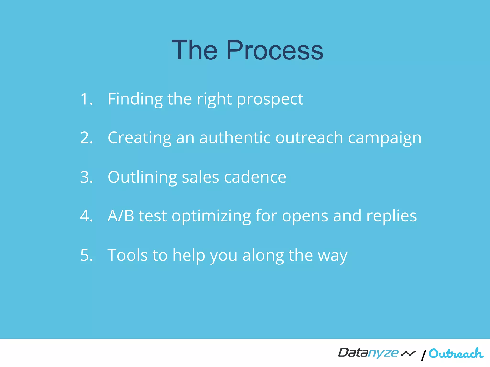 /"
1.  Finding the right prospect
2.  Creating an authentic outreach campaign
3.  Outlining sales cadence
4.  A/B test optimizing for opens and replies
5.  Tools to help you along the way
The Process
 