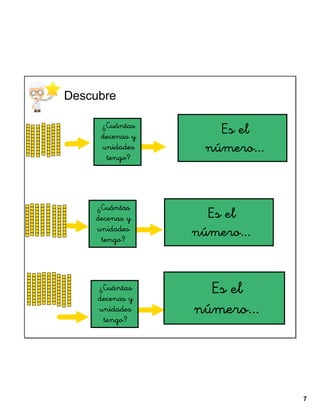 Descubre
¿Cuántas
D U
decenas y
unidades
0
7 tengo?

Es el
número...
70 setenta

¿Cuántas
decenas y
D U
unidades
8tengo?
0

Es el
ochenta
80 número...

¿Cuántas
decenas y
D U
unidades
9tengo?
0

Es el
noventa
90 número...

7

 