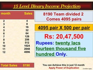 1 2 3 4 5 6 7 8 9 10 11 12 2 4 8 16 32 64 128 256 512 1024 2048 4096 Total Sales    8190 8190 Team divided 2  Comes 4095 pairs 4095 pair X 500 per pair Rs: 20,47,500 Rupees:  twenty lacs fourteen thousand five hundred  Only. month  Sales  Condition apply 15 Level Binary Income Projection You can Achieve this in just 12 month  Apply Power of Duplication 