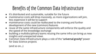 Benefits of the Common Data Infrastructure
● It’s distributed and sustainable, suitable for the future
● maintenance costs will drop massively, as more organizations will join,
less expensive it will be to support
● maintenance costs could be reallocated to the training and further
development of the new (common) features
● reuse of the same infrastructure components will enforce the quality and
the speed of the knowledge exchange
● building a multidisciplinary teams reusing the same infra can bring us new
insights and unexpected views
● Common Data Infrastructure plays a role of the “universal gravity” power
for Data Science projects
(and so on…)
 