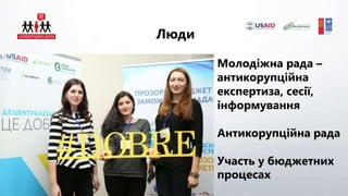 Люди
Молодіжна рада –
антикорупційна
експертиза, сесії,
інформування
Антикорупційна рада
Участь у бюджетних
процесах
 