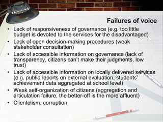 Failures of voice Lack of responsiveness of governance (e.g. too little budget is devoted to the services for the disadvantaged) Lack of open decision-making procedures (weak stakeholder consultation) Lack of accessible information on governance (lack of transparency, citizens can’t make their judgments, low trust) Lack of accessible information on locally delivered services (e.g. public reports on external evaluation ,  students’ achievement data aggregated at school level) Weak self-organization of citizens (aggregation and articulation failure, the better-off is the more affluent) Clientelism, corruption 