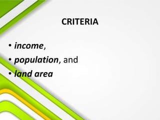 CRITERIA
• income,
• population, and
• land area
 