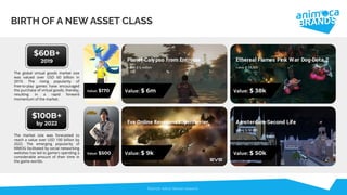 BIRTH OF A NEW ASSET CLASS
Value: $ 6m Value: $ 38k
Value: $ 9k Value: $ 50k
Value: $170
Value: $500
$60B+
2019
$100B+
by 2022
The global virtual goods market size
was valued over USD 60 billion in
2019. The rising popularity of
free-to-play games have encouraged
the purchase of virtual goods, thereby,
resulting in a rapid forward
momentum of the market.
The market size was forecasted to
reach a value over USD 100 billion by
2022. The emerging popularity of
MMOG facilitated by social networking
websites has led to gamers spending a
considerable amount of their time in
the game worlds.
Source: Adroit Market research
Eve Online Revenant Supercarrier
 