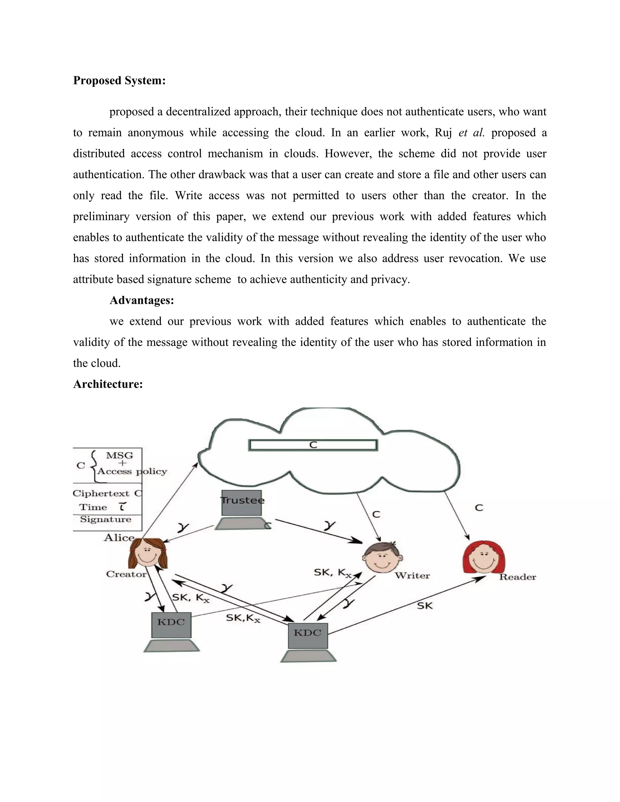 Proposed System: proposed a decentralized approach, their technique does not authenticate users, who want to remain anonymous while accessing the cloud. In an earlier work, Ruj et al. proposed a distributed access control mechanism in clouds. However, the scheme did not provide user authentication. The other drawback was that a user can create and store a file and other users can only read the file. Write access was not permitted to users other than the creator. In the preliminary version of this paper, we extend our previous work with added features which enables to authenticate the validity of the message without revealing the identity of the user who has stored information in the cloud. In this version we also address user revocation. We use attribute based signature scheme to achieve authenticity and privacy. Advantages: we extend our previous work with added features which enables to authenticate the validity of the message without revealing the identity of the user who has stored information in the cloud. Architecture: 