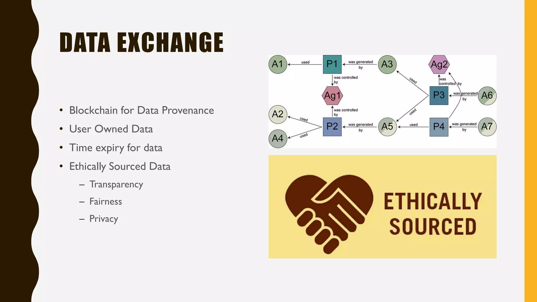 DATA EXCHANGE
• Blockchain for Data Provenance
• User Owned Data
• Time expiry for data
• Ethically Sourced Data
– Transparency
– Fairness
– Privacy
 