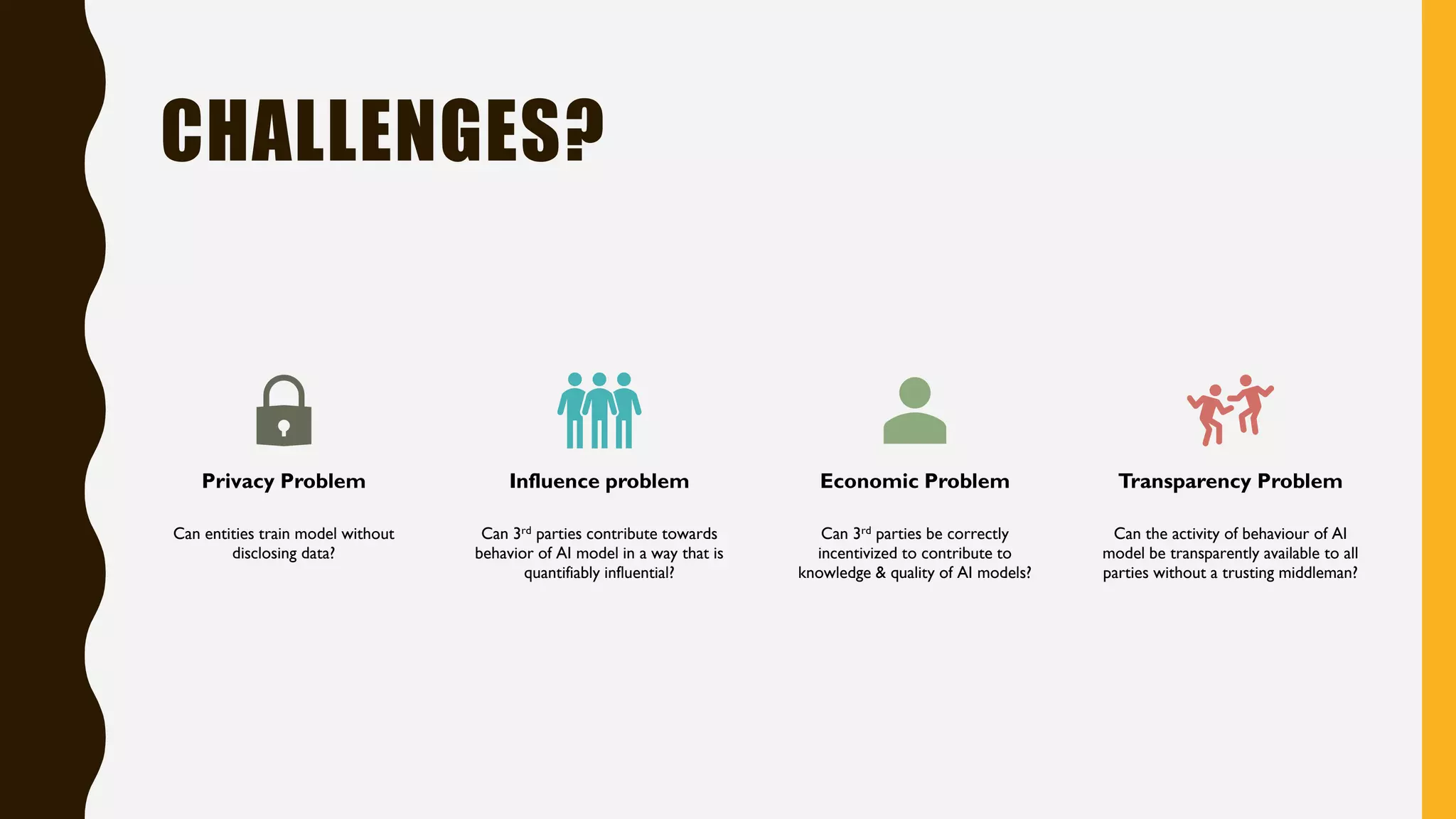 CHALLENGES?
Privacy Problem
Can entities train model without
disclosing data?
Influence problem
Can 3rd parties contribute towards
behavior of AI model in a way that is
quantifiably influential?
Economic Problem
Can 3rd parties be correctly
incentivized to contribute to
knowledge & quality of AI models?
Transparency Problem
Can the activity of behaviour of AI
model be transparently available to all
parties without a trusting middleman?
 