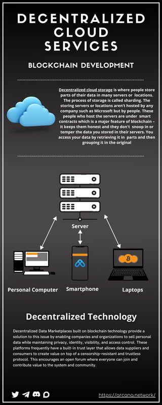 Server
Personal Computer Smartphone Laptops
Decentralized Data Marketplaces built on blockchain technology provide a
solution to this issue by enabling companies and organizations to sell personal
data while maintaining privacy, identity, visibility, and access control. These
platforms frequently have a built-in trust layer that allows data suppliers and
consumers to create value on top of a censorship-resistant and trustless
protocol. This encourages an open forum where everyone can join and
contribute value to the system and community.
BLOCKCHAIN DEVELOPMENT
https://arcana.network/
Decentralized cloud storage is where people store
parts of their data in many servers or locations.
The process of storage is called sharding. The
storing servers or locations aren’t hosted by any
company such as Microsoft but by people. These
people who host the servers are under smart
contracts which is a major feature of blockchain –
it keeps them honest and they don't snoop in or
temper the data you stored in their servers. You
access your data by retrieving it in parts and then
grouping it in the original
 