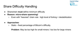 Share Difficulty Handling
● Sharechain must define minimum difficulty
● Reason: micro-share spamming!
○ Even with “heavies...
