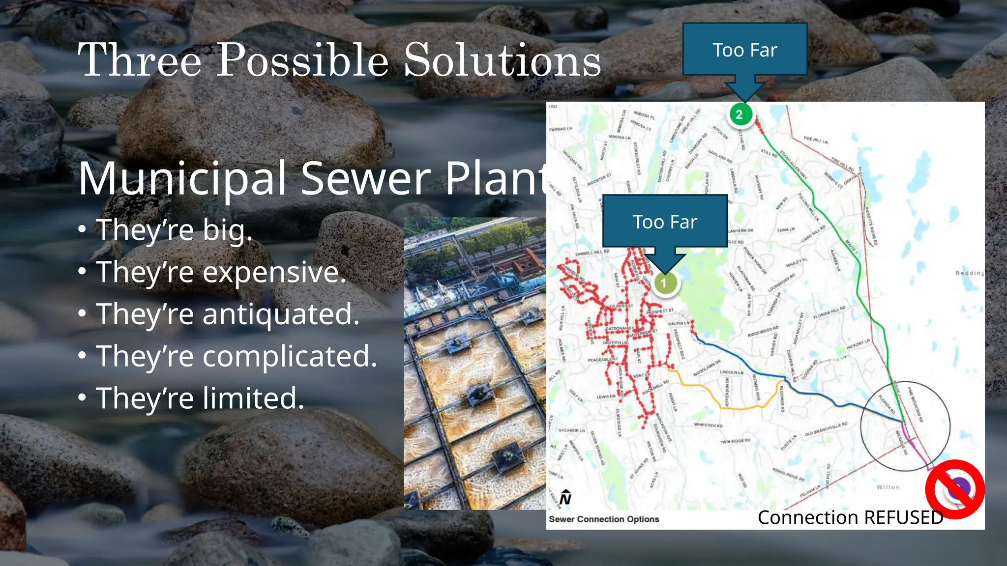 Three Possible Solutions
Municipal Sewer Plants
• They’re big.
• They’re expensive.
• They’re antiquated.
• They’re complicated.
• They’re limited.
Too Far
Too Far
Connection REFUSED
 