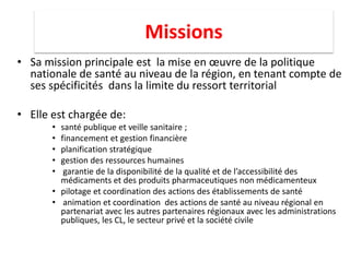 Missions
• Sa mission principale est la mise en œuvre de la politique
nationale de santé au niveau de la région, en tenant compte de
ses spécificités dans la limite du ressort territorial
• Elle est chargée de:
• santé publique et veille sanitaire ;
• financement et gestion financière
• planification stratégique
• gestion des ressources humaines
• garantie de la disponibilité de la qualité et de l’accessibilité des
médicaments et des produits pharmaceutiques non médicamenteux
• pilotage et coordination des actions des établissements de santé
• animation et coordination des actions de santé au niveau régional en
partenariat avec les autres partenaires régionaux avec les administrations
publiques, les CL, le secteur privé et la société civile
 