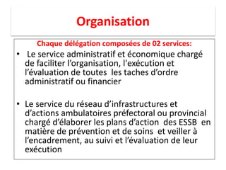 Organisation
Chaque délégation composées de 02 services:
• Le service administratif et économique chargé
de faciliter l’organisation, l'exécution et
l’évaluation de toutes les taches d’ordre
administratif ou financier
• Le service du réseau d’infrastructures et
d’actions ambulatoires préfectoral ou provincial
chargé d’élaborer les plans d’action des ESSB en
matière de prévention et de soins et veiller à
l’encadrement, au suivi et l’évaluation de leur
exécution
 