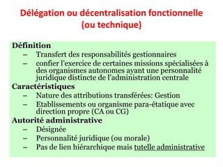 Délégation ou décentralisation fonctionnelle
(ou technique)
Définition
– Transfert des responsabilités gestionnaires
– confier l’exercice de certaines missions spécialisées à
des organismes autonomes ayant une personnalité
juridique distincte de l’administration centrale
Caractéristiques
– Nature des attributions transférées: Gestion
– Etablissements ou organisme para-étatique avec
direction propre (CA ou CG)
Autorité administrative
– Désignée
– Personnalité juridique (ou morale)
– Pas de lien hiérarchique mais tutelle administrative
 